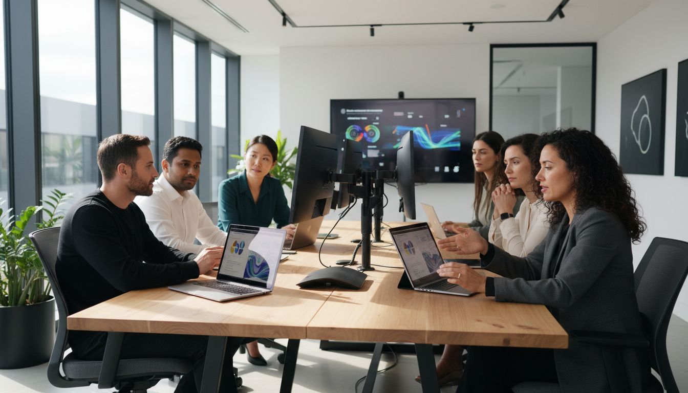 Immagine di copertina per i 7 migliori strumenti di gestione progetti per consulenti nel 2026, con consulenti che collaborano in un ufficio moderno e schermi con grafici senza testo.