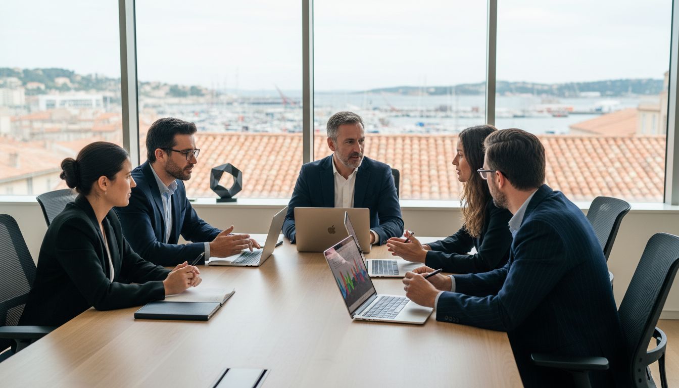 image d’en-tête d’agence de marketing digital à Toulon, équipe au travail, vue sur la ville