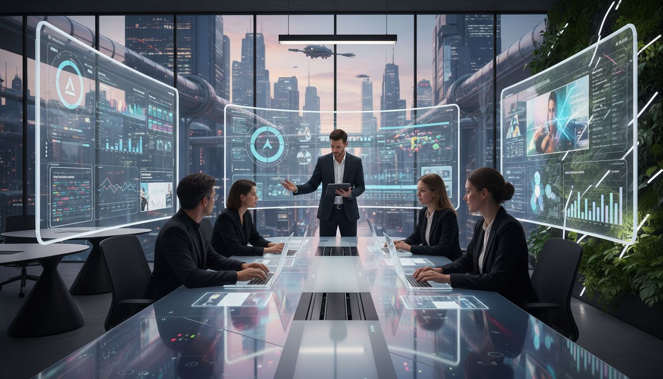 Marketing team managing projects with futuristic tools