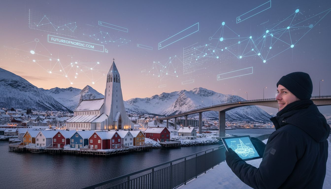 Tromsø city skyline with digital marketing graphics