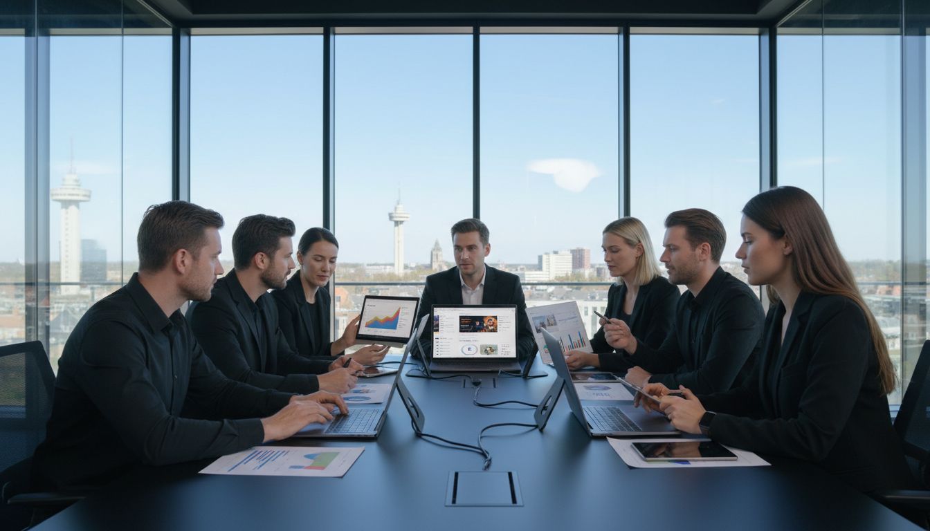Modern marketing team in office with Enschede skyline