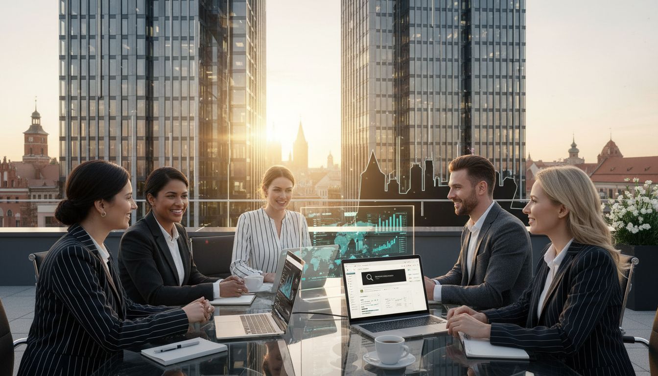 SEO experts in modern office with Toruń skyline