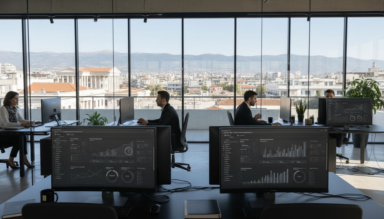 SEO experts in modern office with Serres cityscape