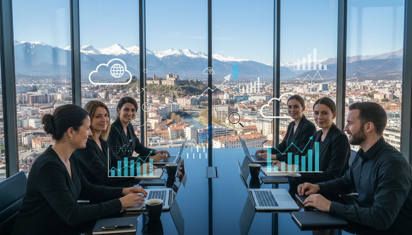 Modern SEO experts meeting in Grenoble with alpine views