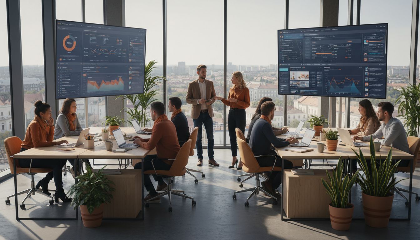 SEO agency team working in modern Hungarian office