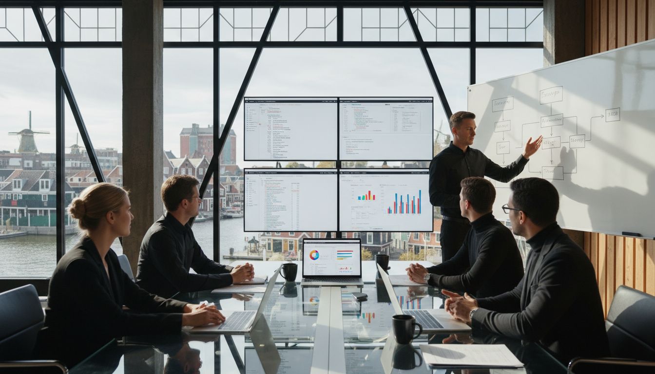 SEO team in modern office overlooking Zaanstad skyline