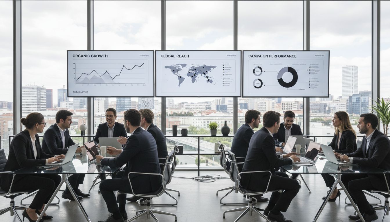 Digital marketing experts collaborating in Alcobendas office