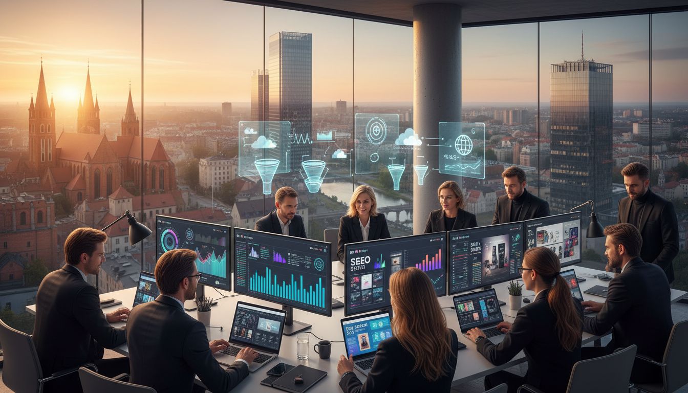 Modern digital marketing team in Toruń skyline office