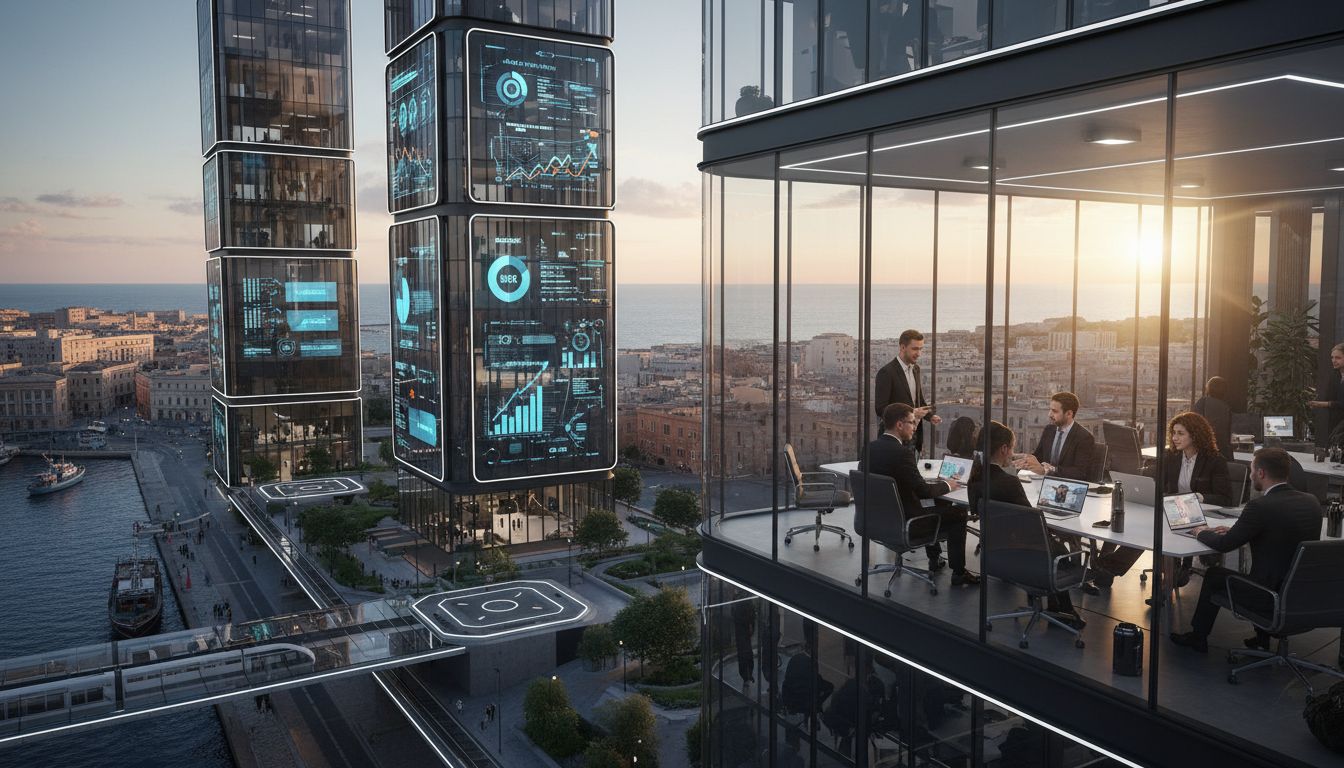 Modern Taranto skyline with digital marketing offices