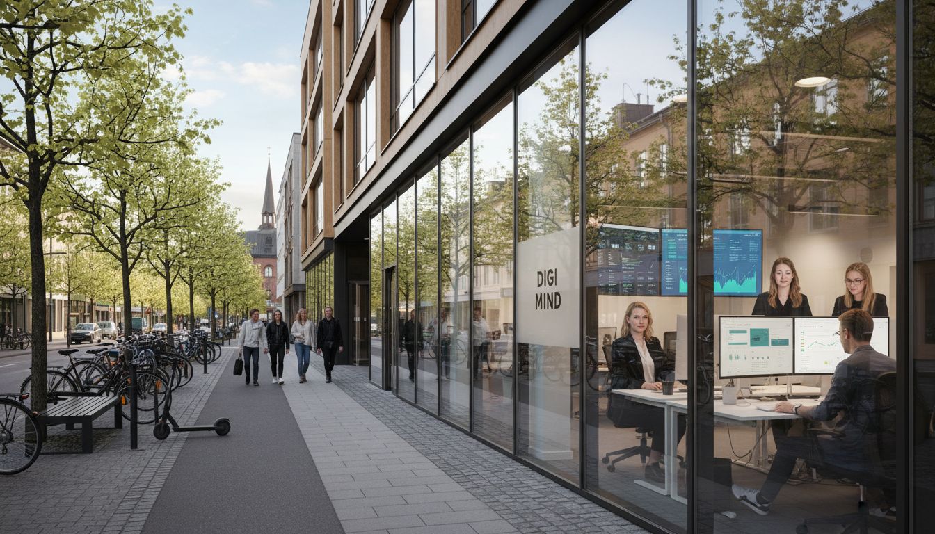 Modern digital agency buildings in Eskilstuna spring cityscape