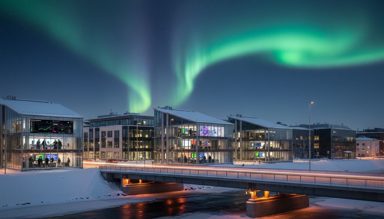 Winter cityscape of Rovaniemi with digital offices active