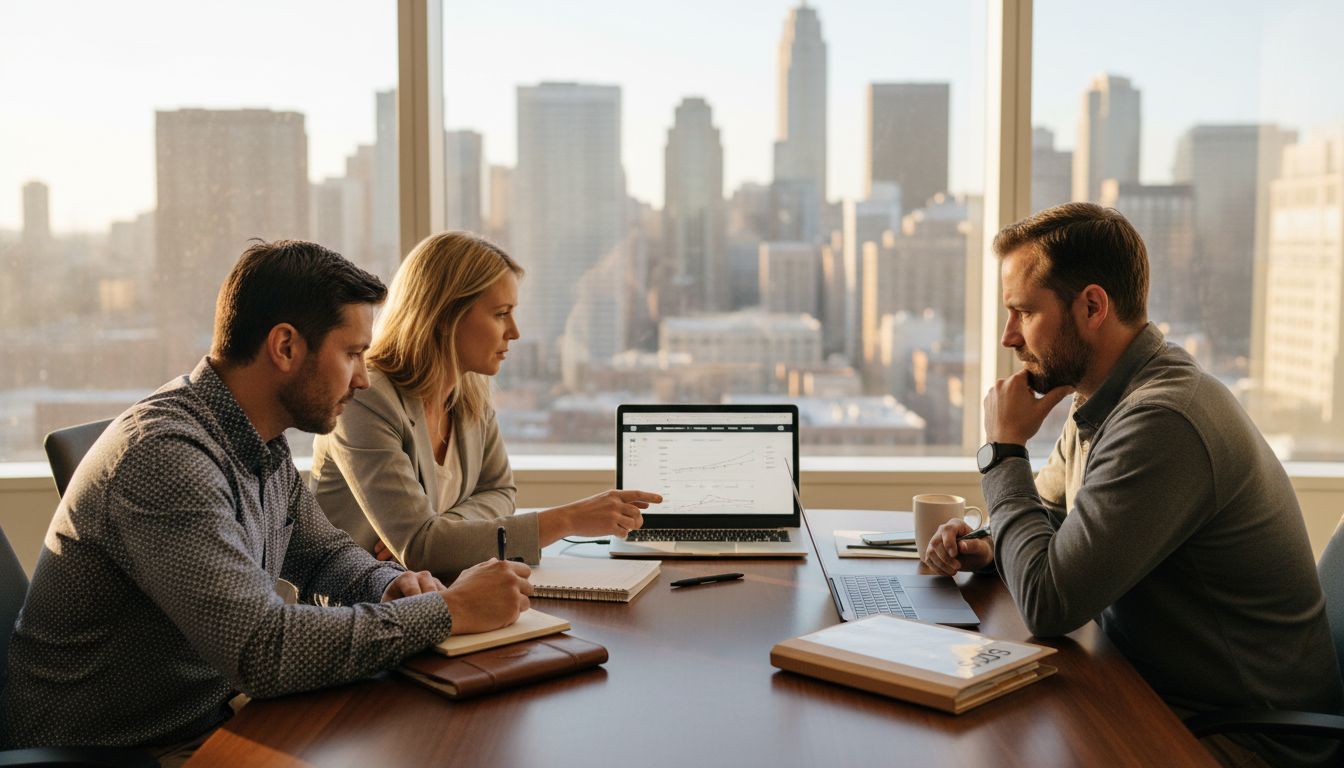 SEO team discussing digital strategy at office table