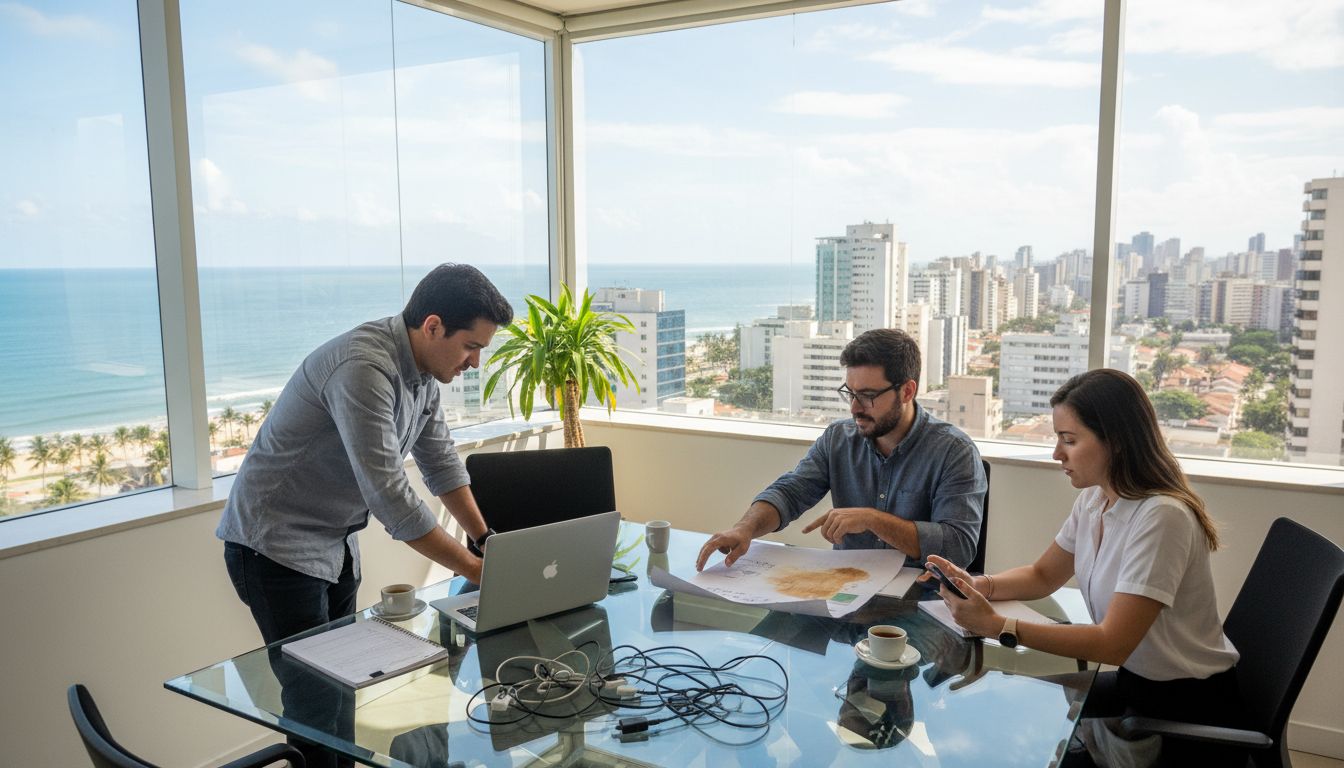 Marketing team working in Maceió office with laptops