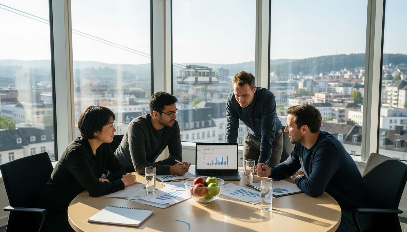SEO agency team meeting in bright corner office