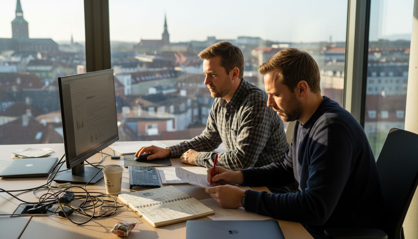 SEO specialists working in Viborg office with city view