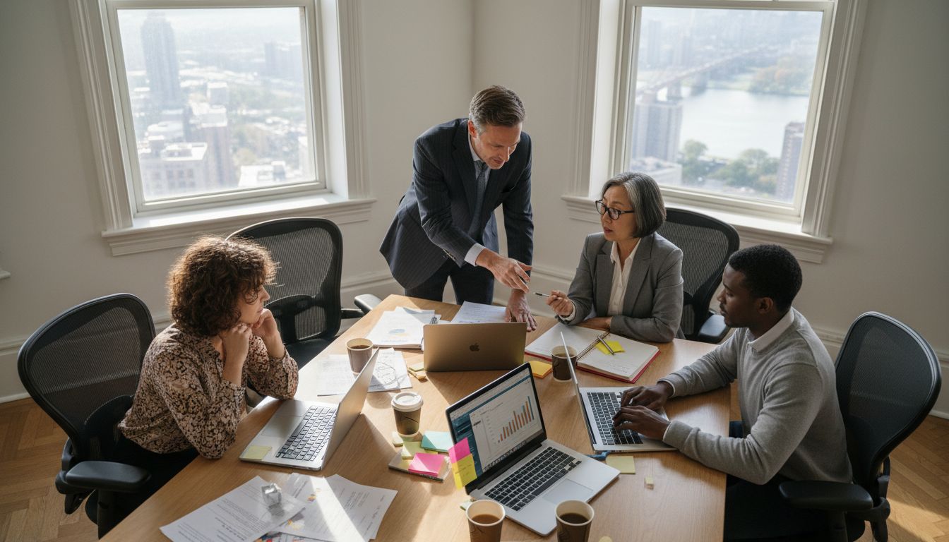 Insurance agents collaborating on project management in office