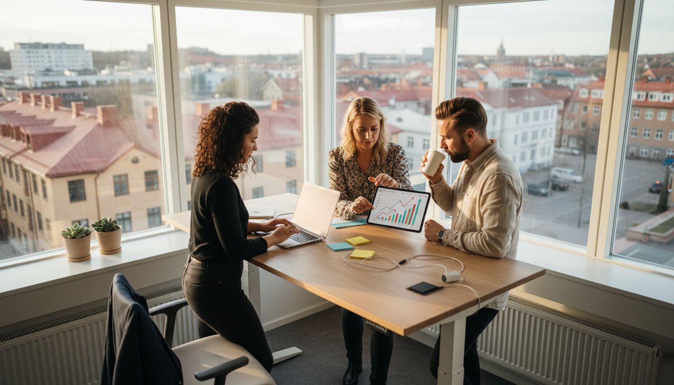Team working on SEO in Halmstad office with city view