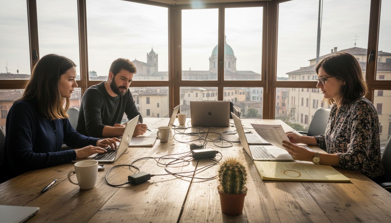 SEO team meeting in Brescia office with city view