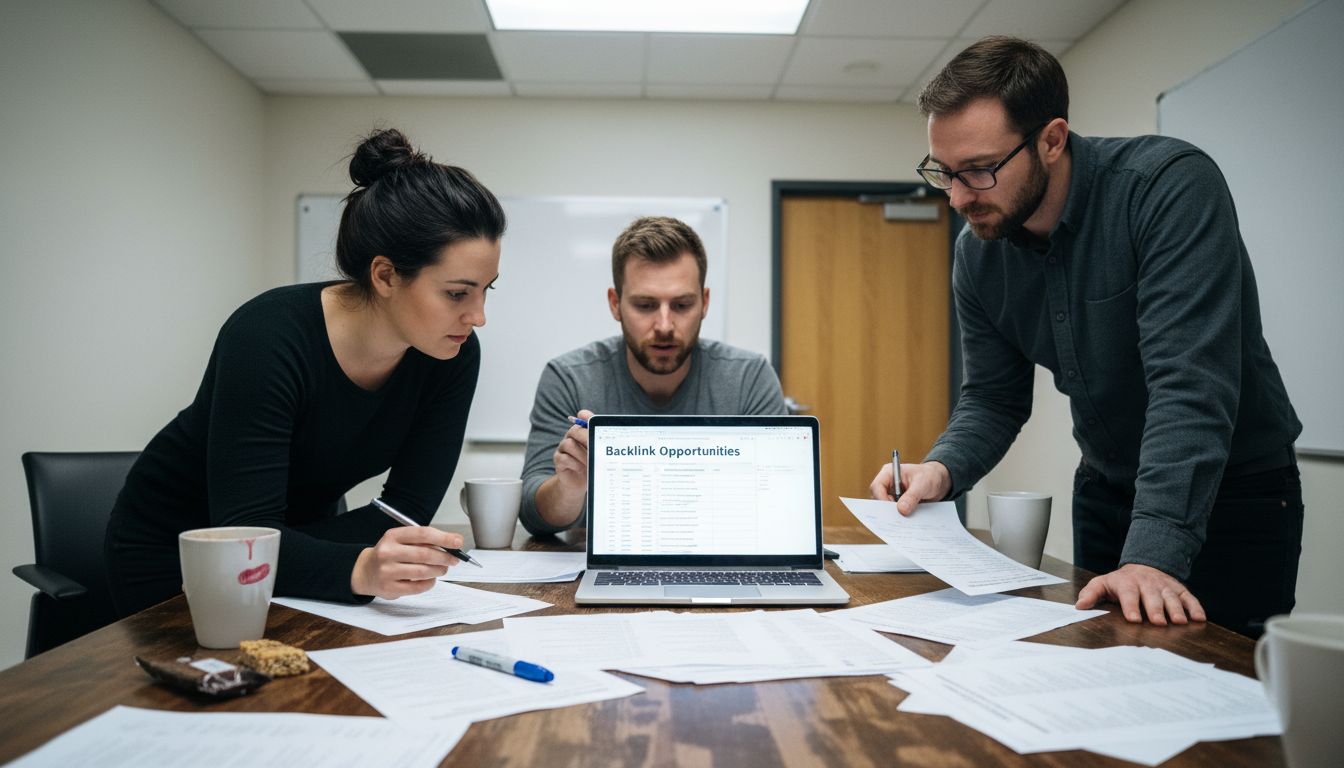 Team brainstorming backlink outreach strategy