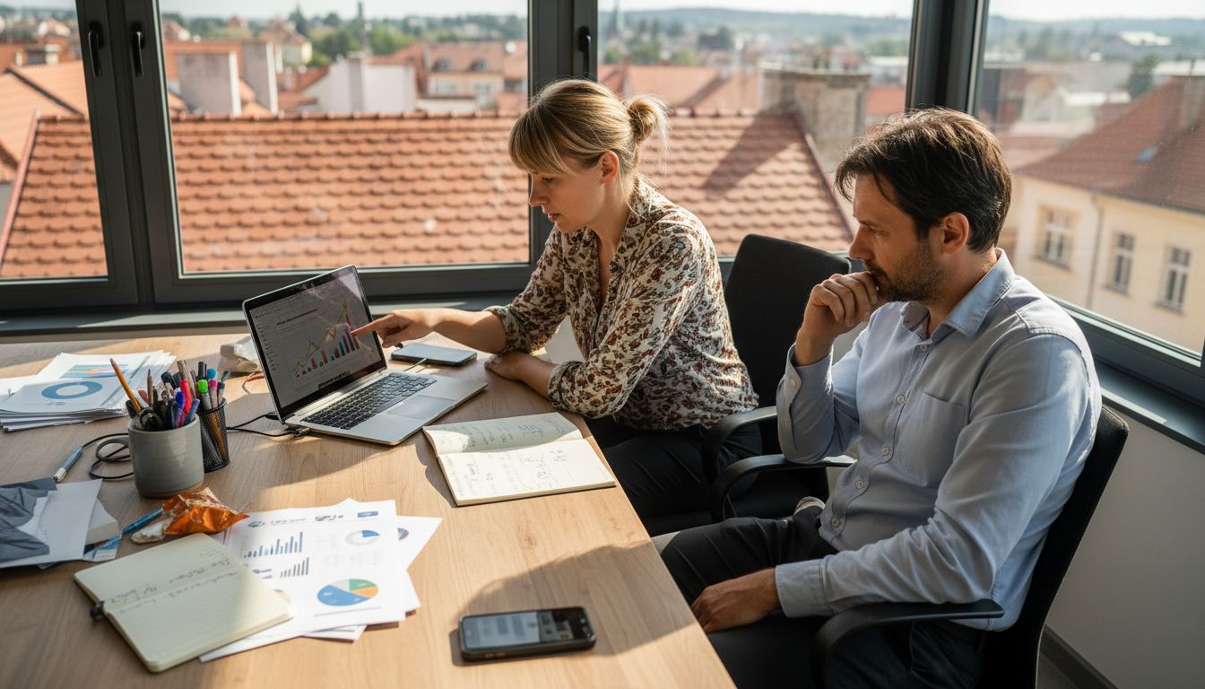 Two SEO experts collaborating in sunlit office workspace