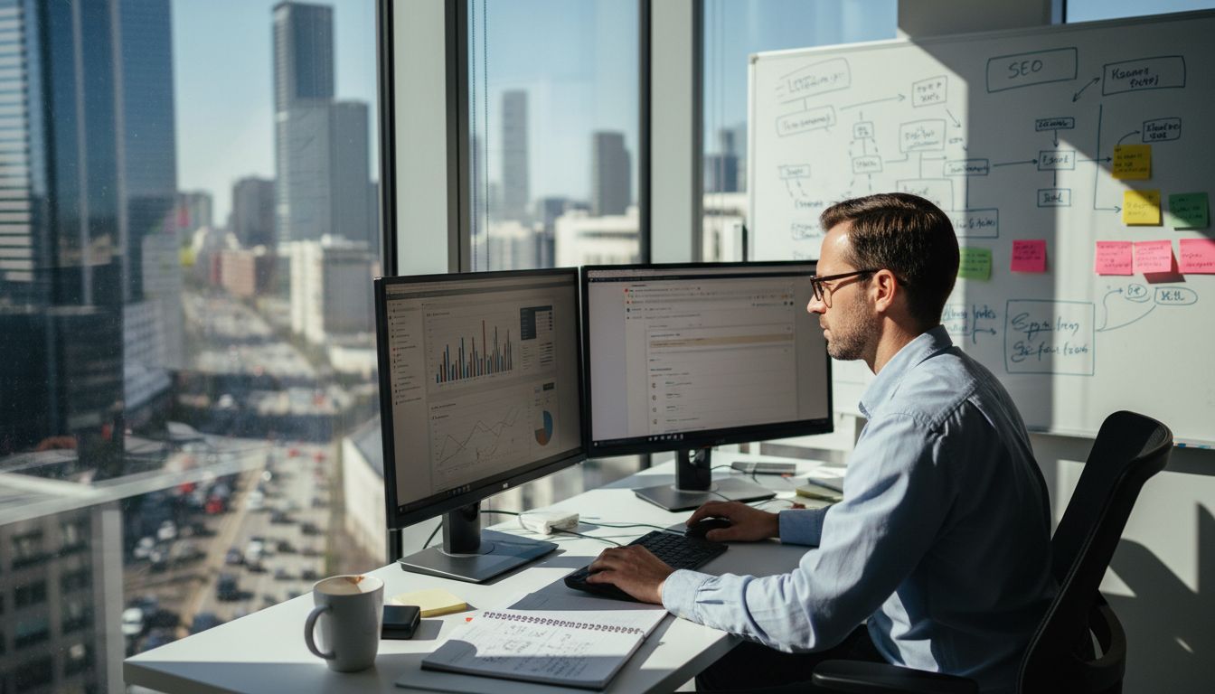 Man reviewing SEO analytics in office