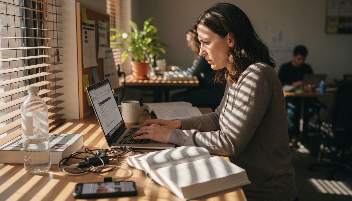 Woman updating meta descriptions at desk