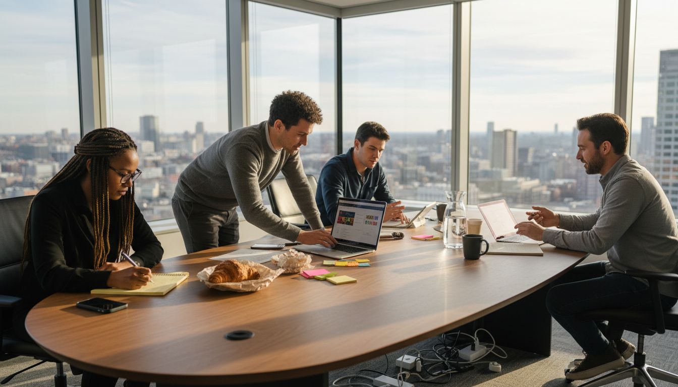 SaaS team collaborating on project dashboard in bright office