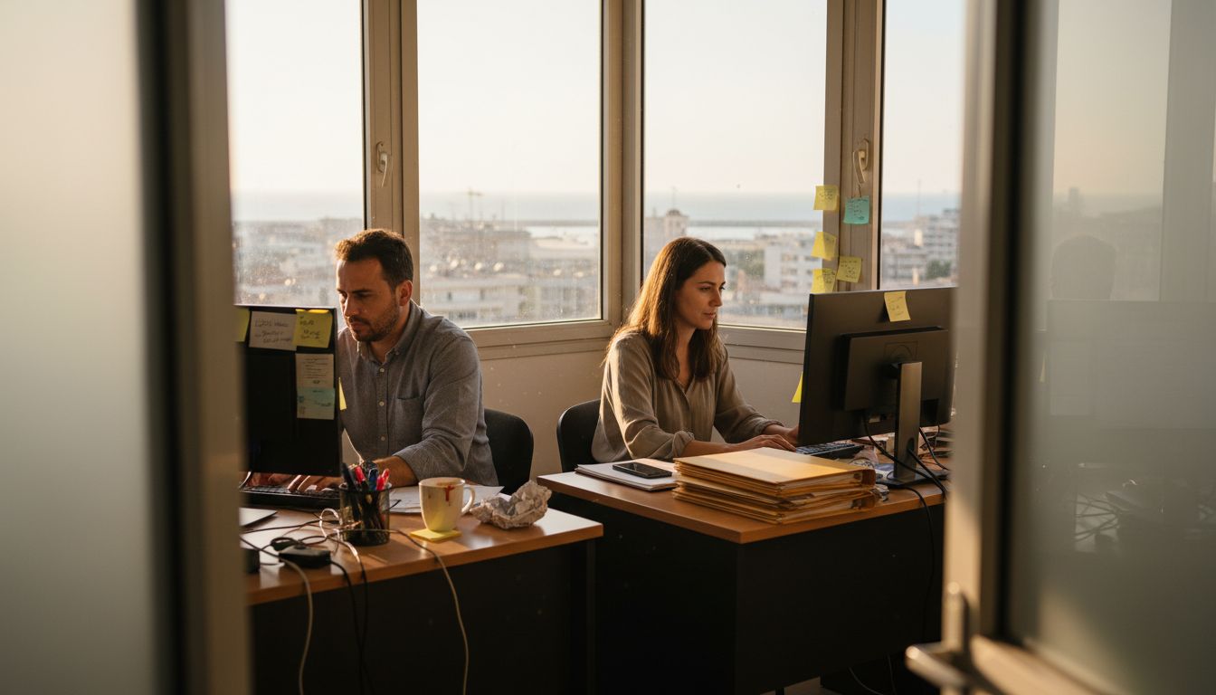 SEO agency team working in sunlit Alexandroupoli office