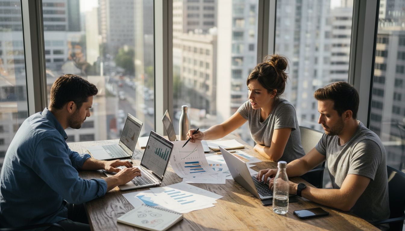 SEO team collaborating in bright office corner