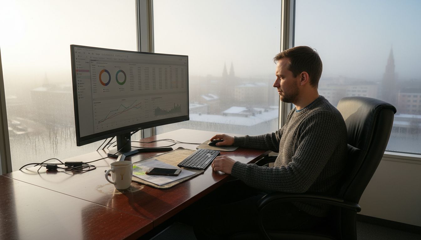 Digital marketer working at city corner office desk