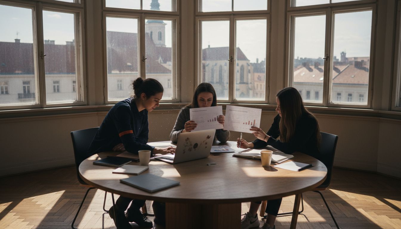 Marketing team working in Sopron office with city view