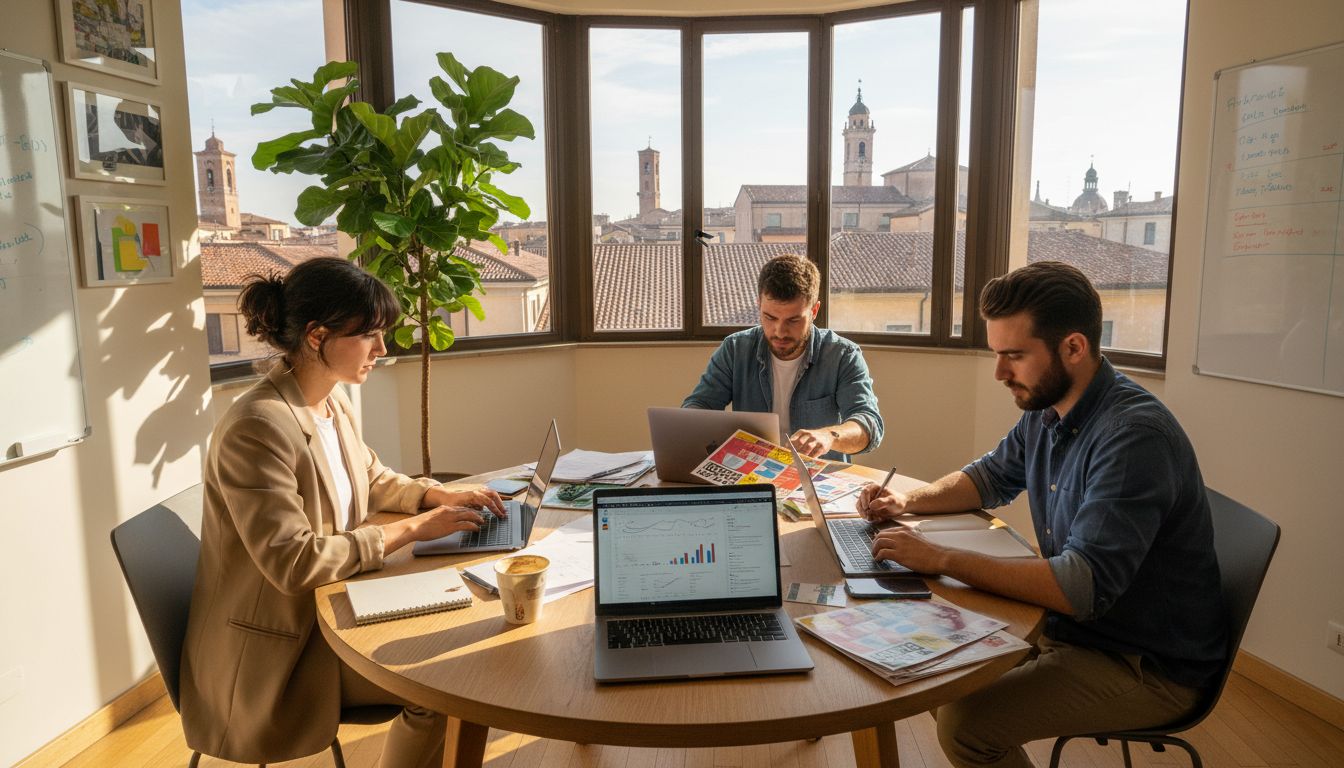 Digital marketing team collaborating in Parma office