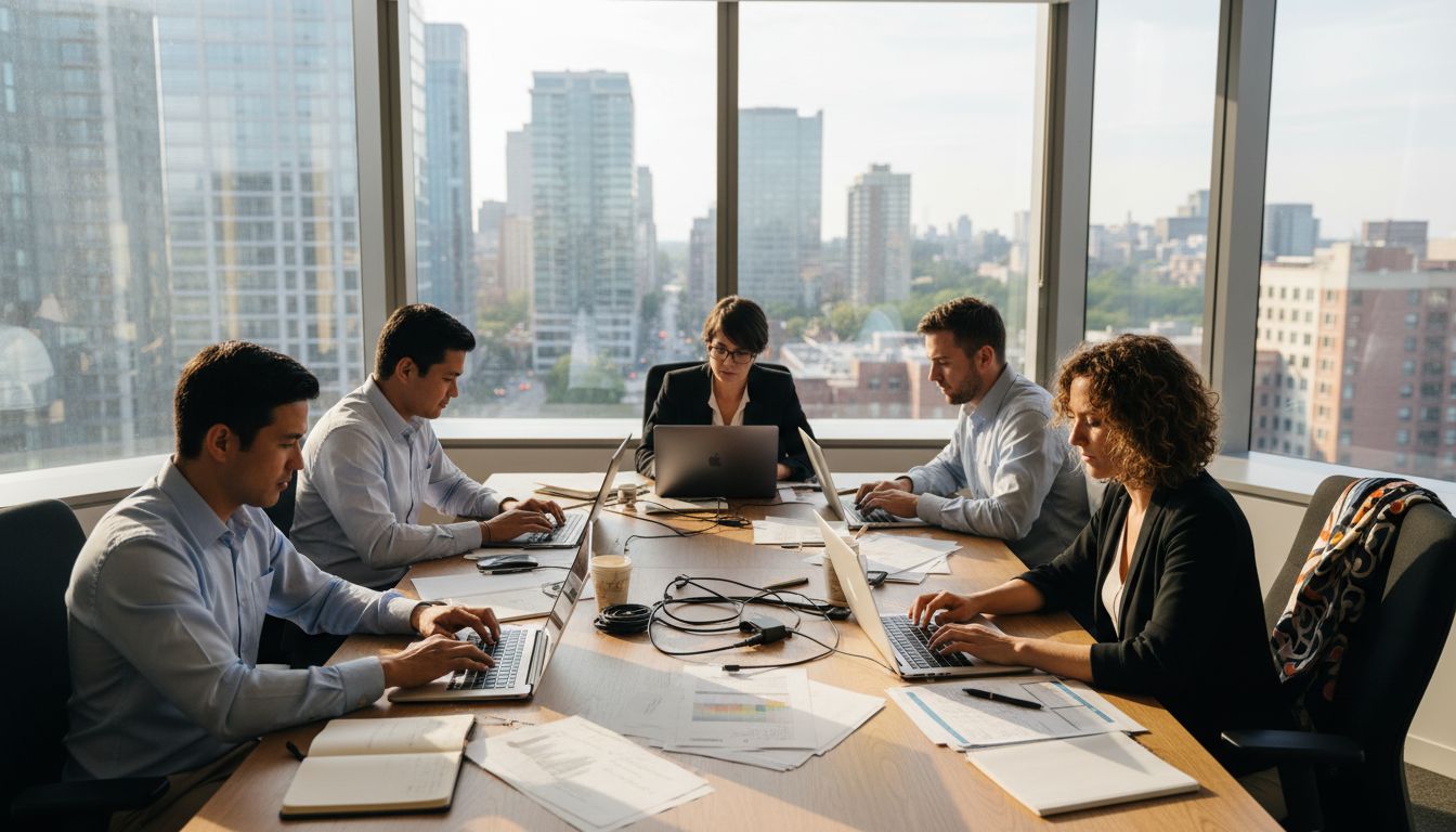 Team collaborating in corner office with project laptops