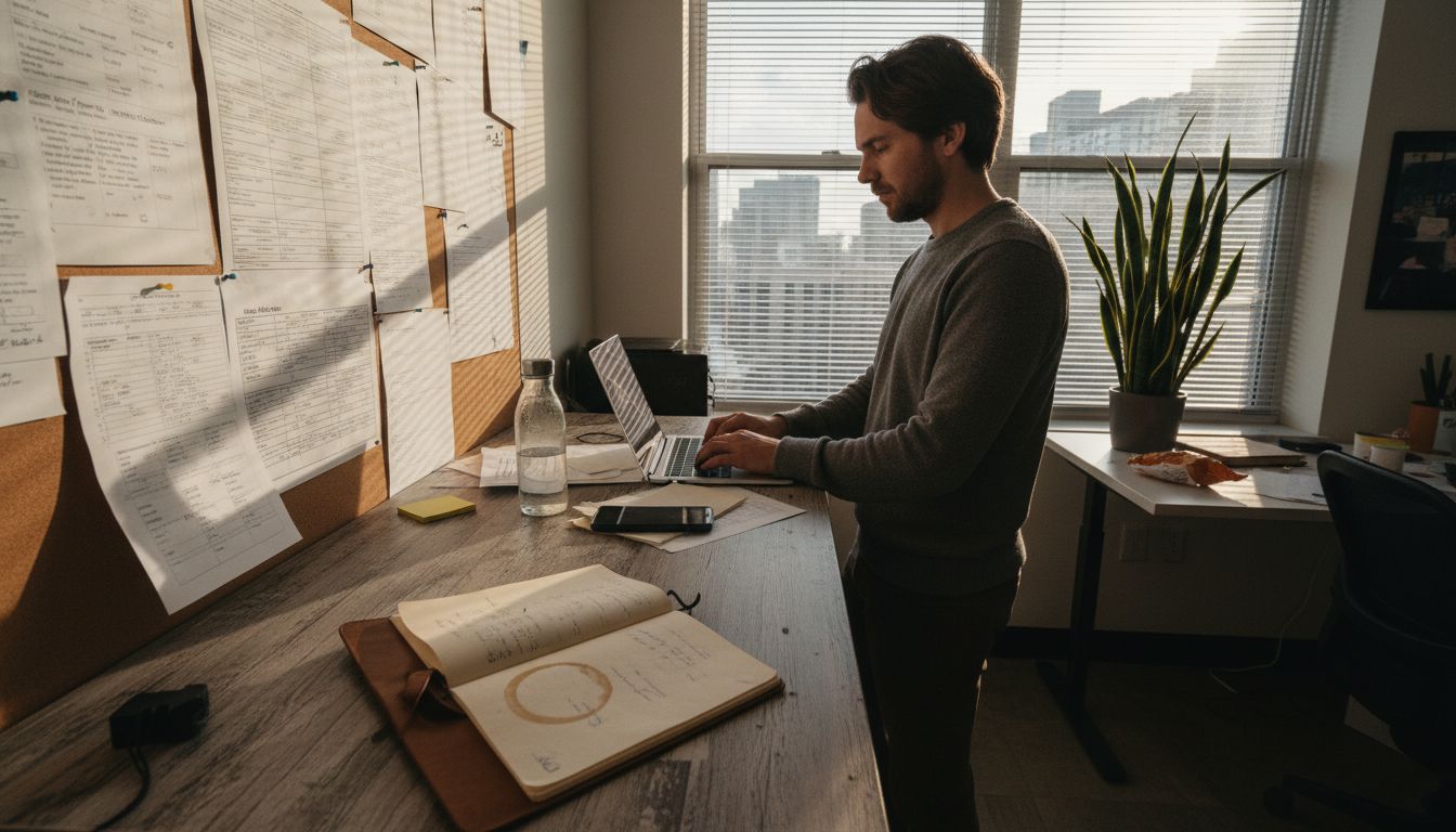 SEO writer at desk with notes and laptop
