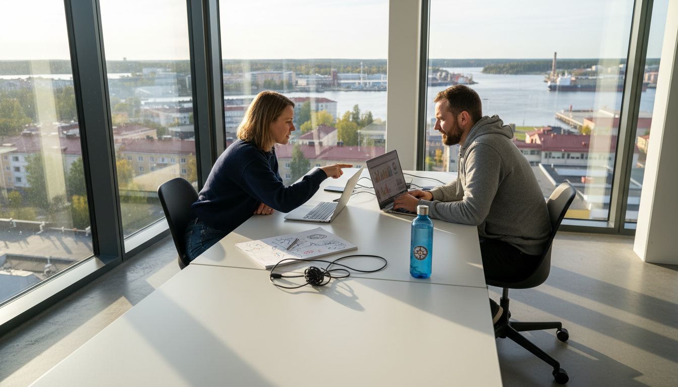 Marketers at desk in bright Kotka office