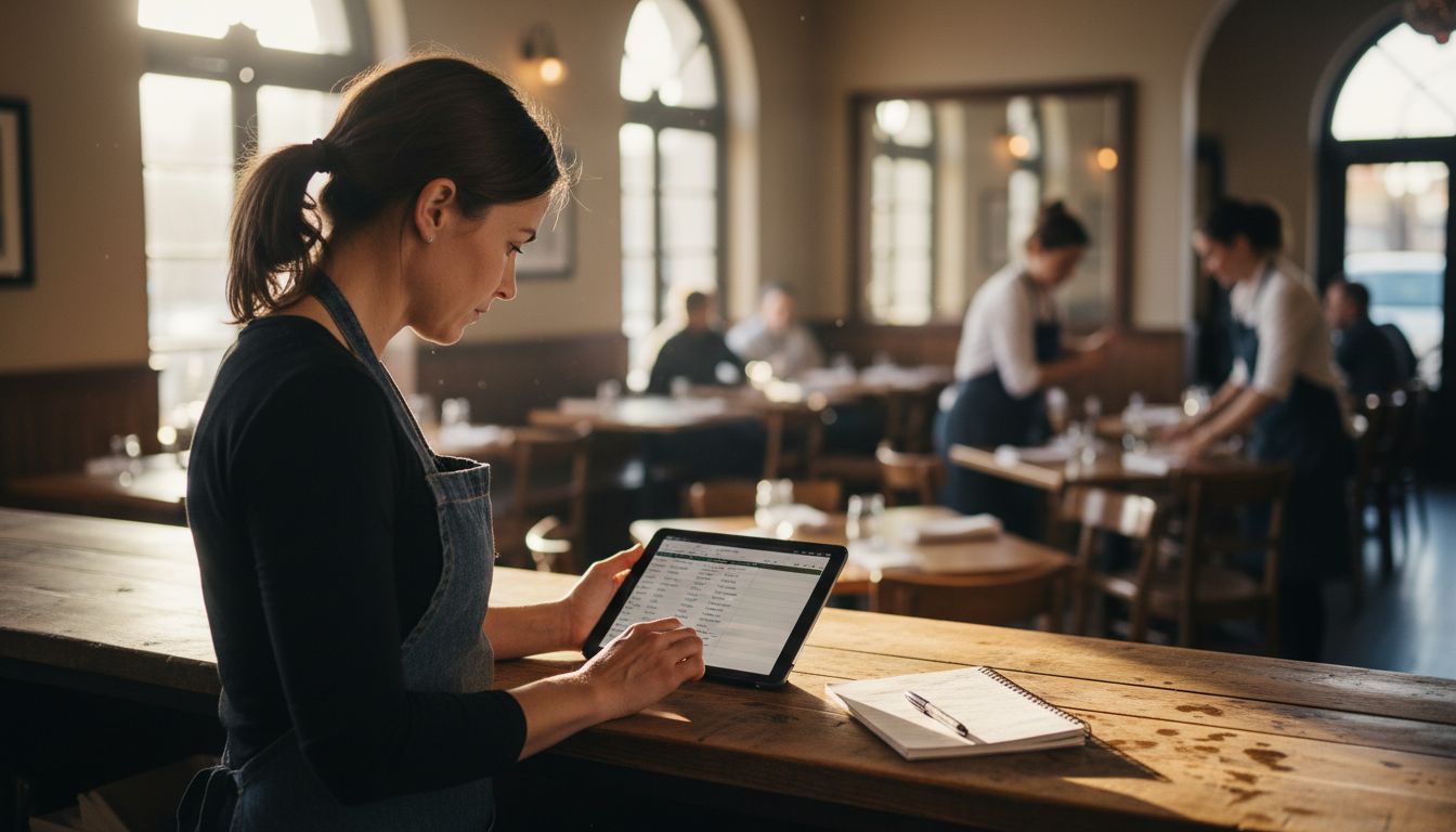 Restaurant manager reviewing project tools on tablet
