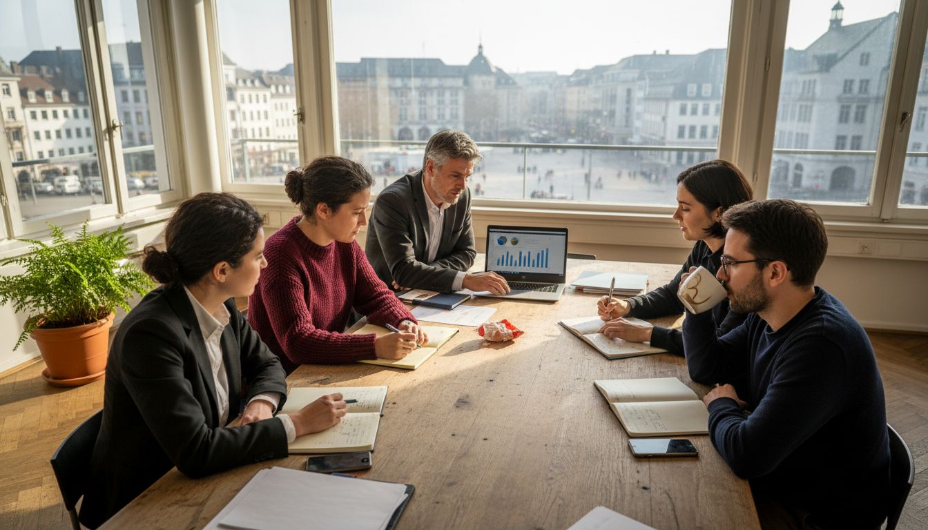SEO team meeting in Bonn office with sunlight