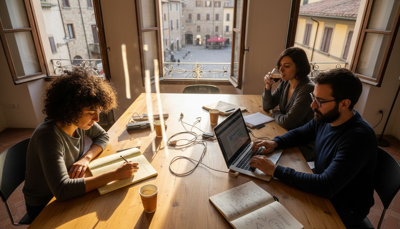 SEO agency team meeting in sunlit Italian office