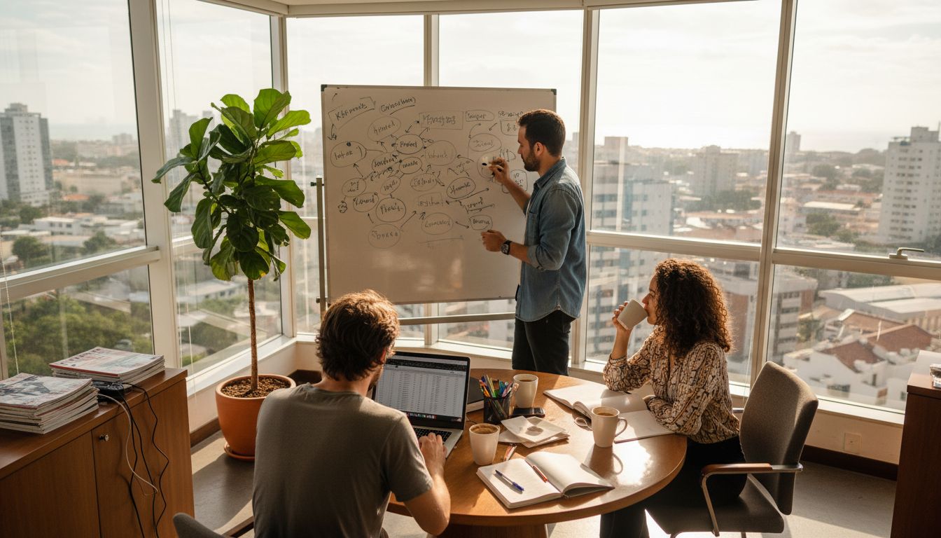 SEO team planning in sunlit corner office