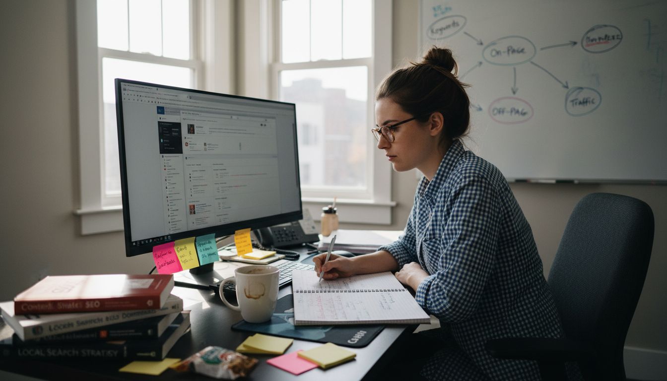 SEO specialist researching backlinks at office desk