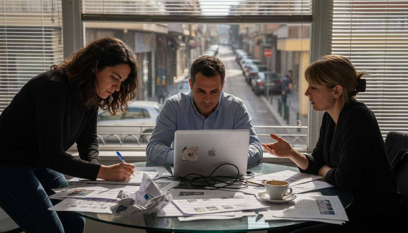 Team in downtown Xanthi advertising agency meeting