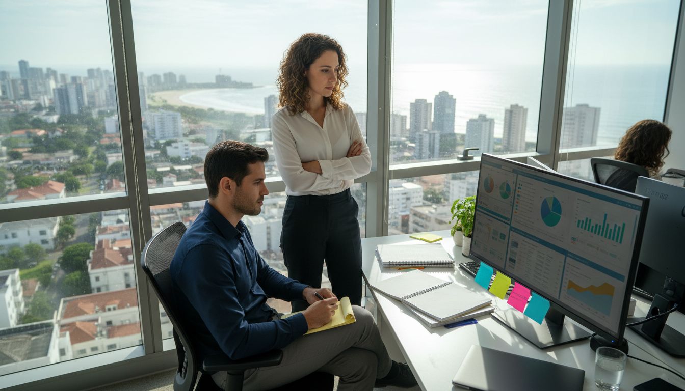Team reviews marketing data in Natal office