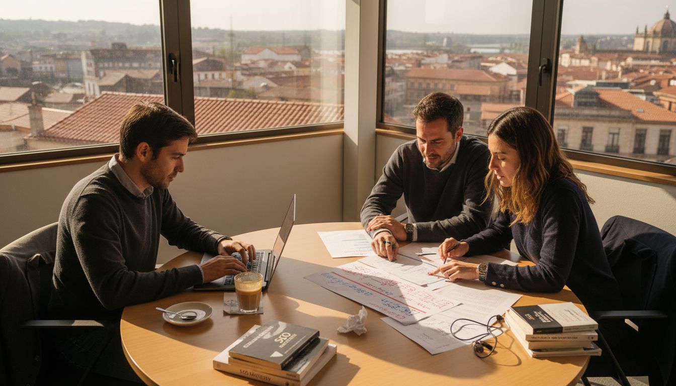 SEO experts discussing reports at Ourense office