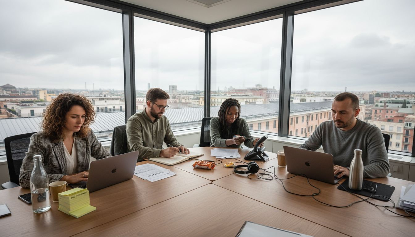 Un team che lavora da remoto si confronta e collabora in un luminoso ufficio d’angolo.