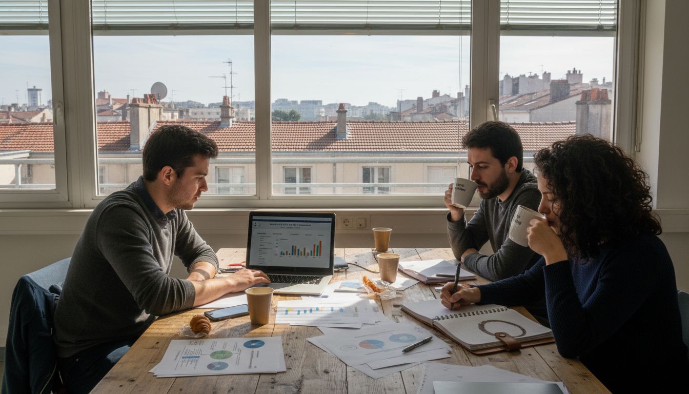 Réunion de l’équipe SEO dans les locaux de Villeurbanne, autour de documents de travail.