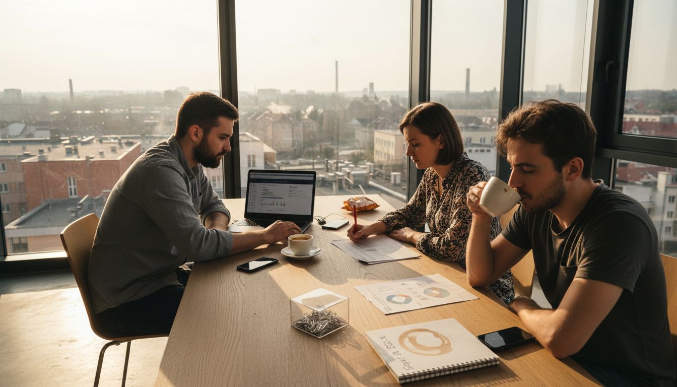 Zespół specjalistów SEO podczas burzy mózgów przy stole w biurze w Bytomiu.