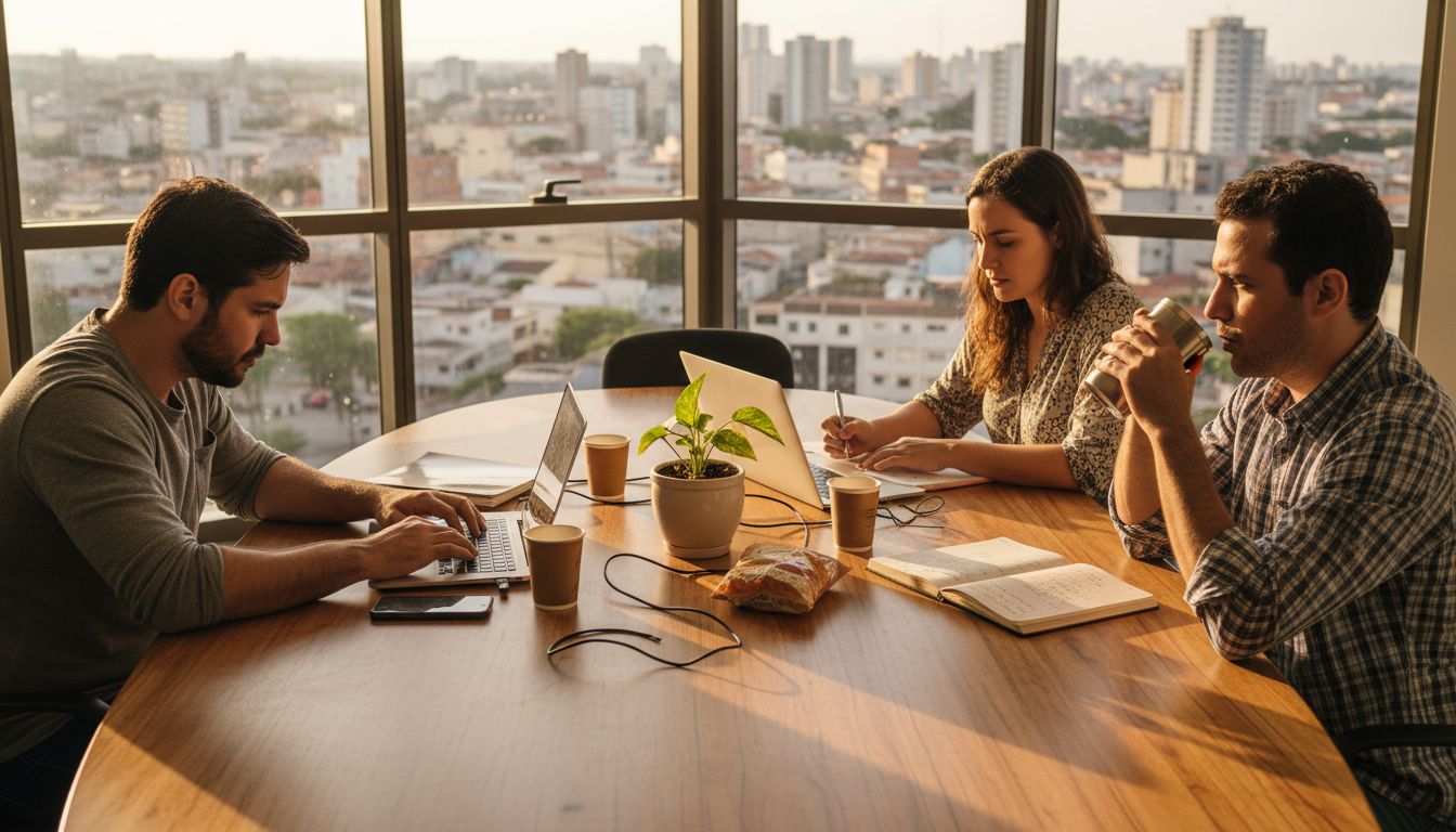 Equipa de SEO a trabalhar num escritório de esquina bem iluminado pelo sol, em Teresina.