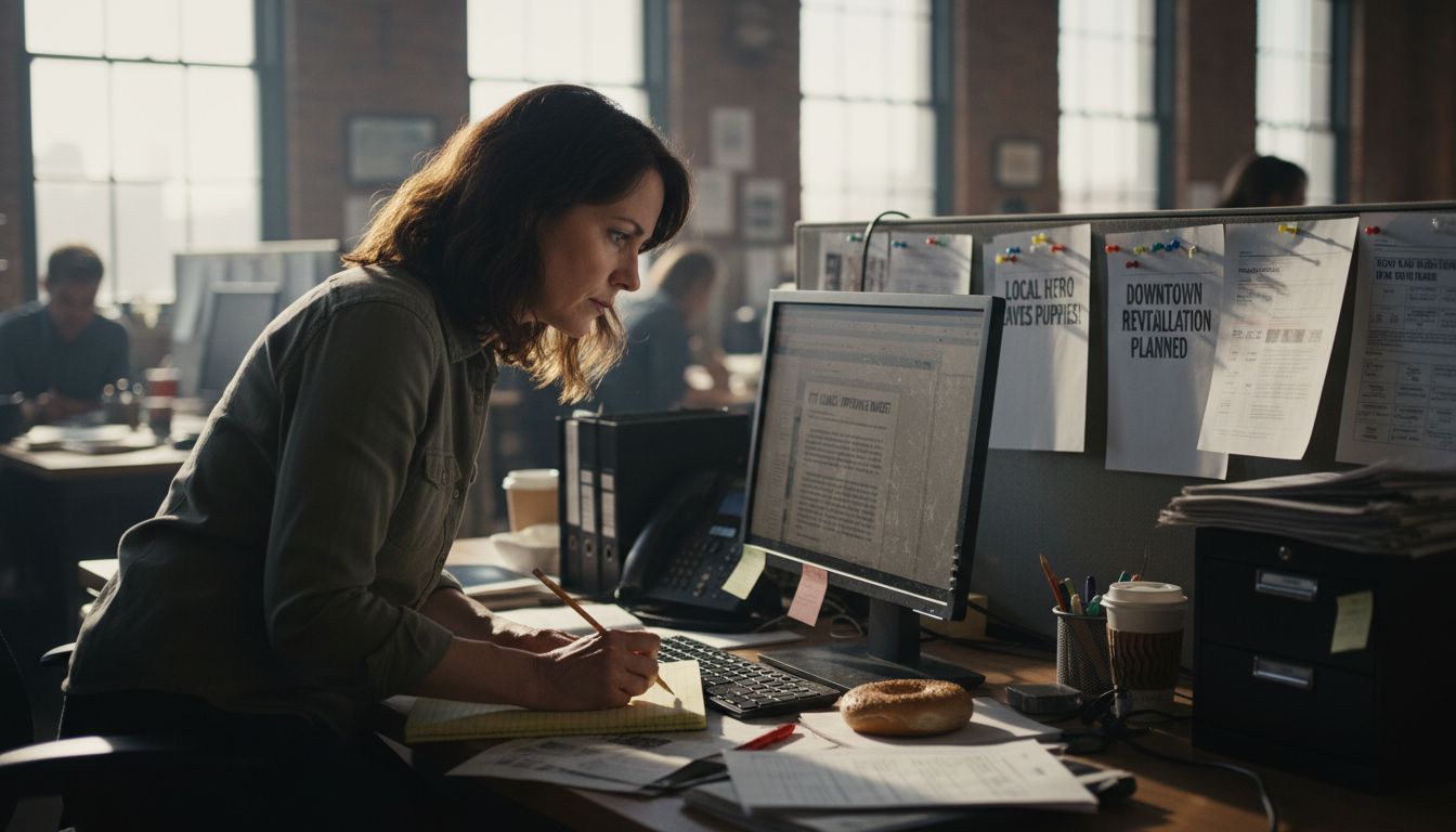 Editor crafting headlines in busy newsroom