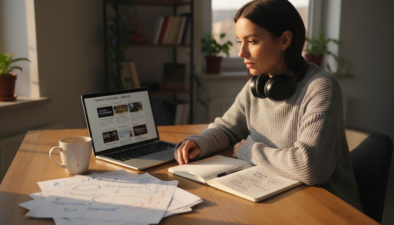 Woman analyzing competitor headlines at home