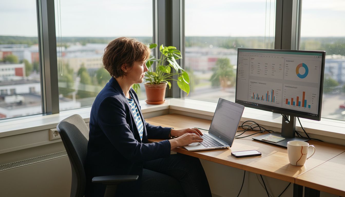 Digimarkkinoija työskentelee valoisassa toimistossa Salon keskustassa.